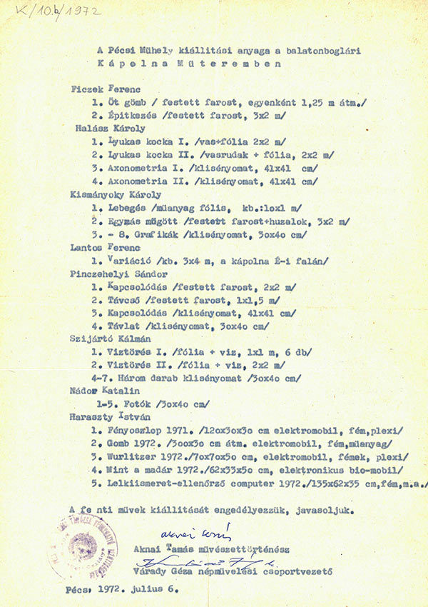 Aknai Tamás levele a balatonboglári Pécsi Műhely kiállításra engedélyezett művek listájával, Ludwig Múzeum, Budapest, 1972.