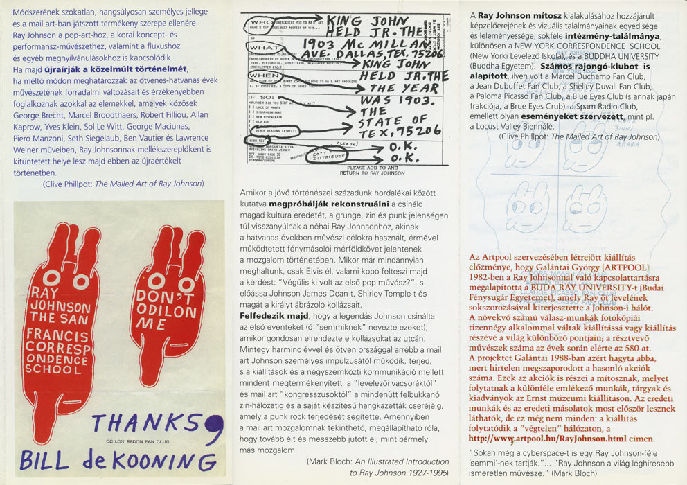 Az Artpool meghívója a „Ray Johnson kapcsolatművészete” című kiállítás megnyitójára, 1997. február 19.
