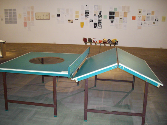 György Galántai’s reconstruction of Flux Ping Pong table at Fluxus East exhibition, Bunkier Sztuki, Kraków, 2008.