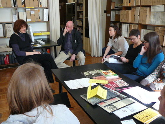 Artpool’s guests: Werner Meyer, Annett Reckert and her students listening to Júlia Klaniczay, Artpool, Budapest, 2008.
