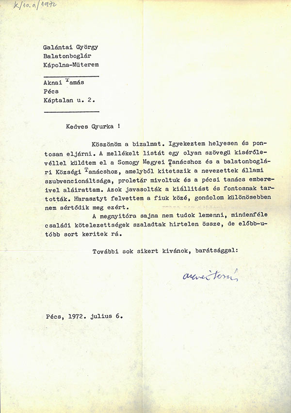 Aknai Tamás levele a balatonboglári Pécsi Műhely kiállításra engedélyezett művek listájával, Ludwig Múzeum, Budapest, 1972.