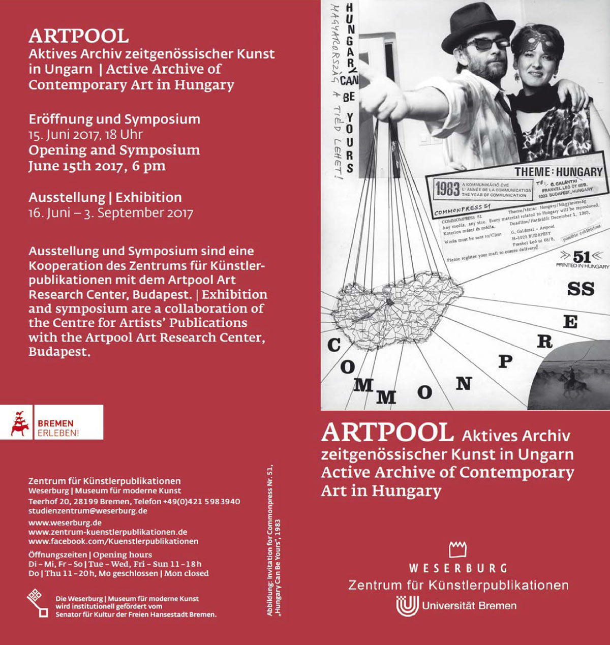 Artpool: Aktives Archiv zeitgenössischer Kunst in Ungarn flyer, Studienzentrum für Künstlerpublikationen, Bremen, Germany, 2017.