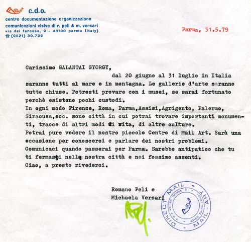 Letter by Romano Peli, Parma, Italy, 1979.