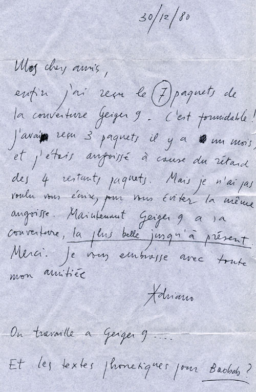 Letter by Adriano Spatola, 1980.