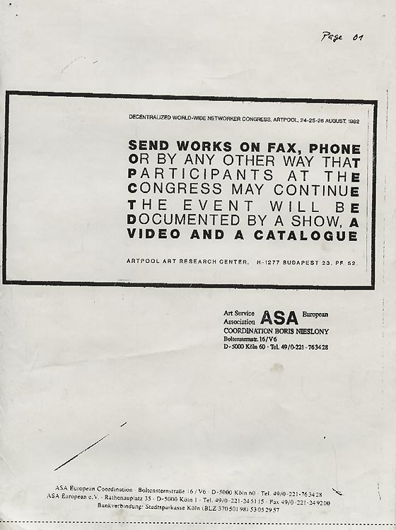 Fax by Ro.Ka.Wi - ASA (Art Service Association) for Artpool’s Faxzine, 1992.