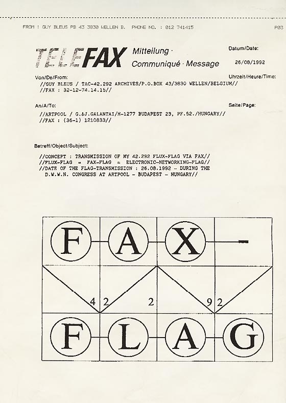 Fax by Guy Bleus for Artpool’s Faxzine, 1992.
